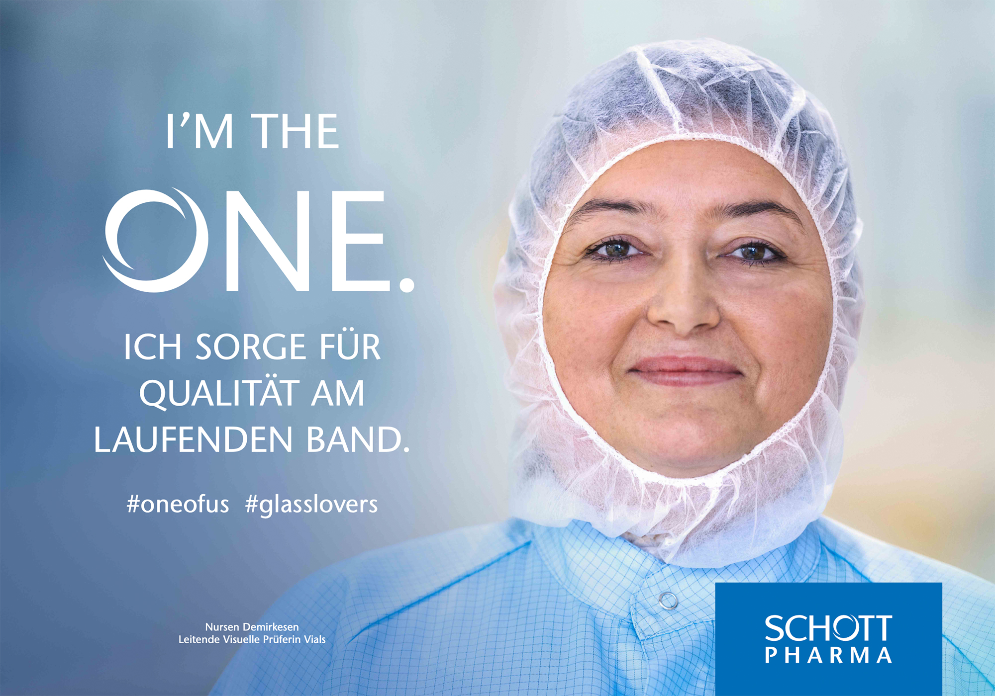Portraitfoto einer langjährigen Mitarbeiterin von Schott Pharma aus Müllheim. Die Werbekampagne wird hauptsächlich zum Mitarbeiter-Recruiting genutzt